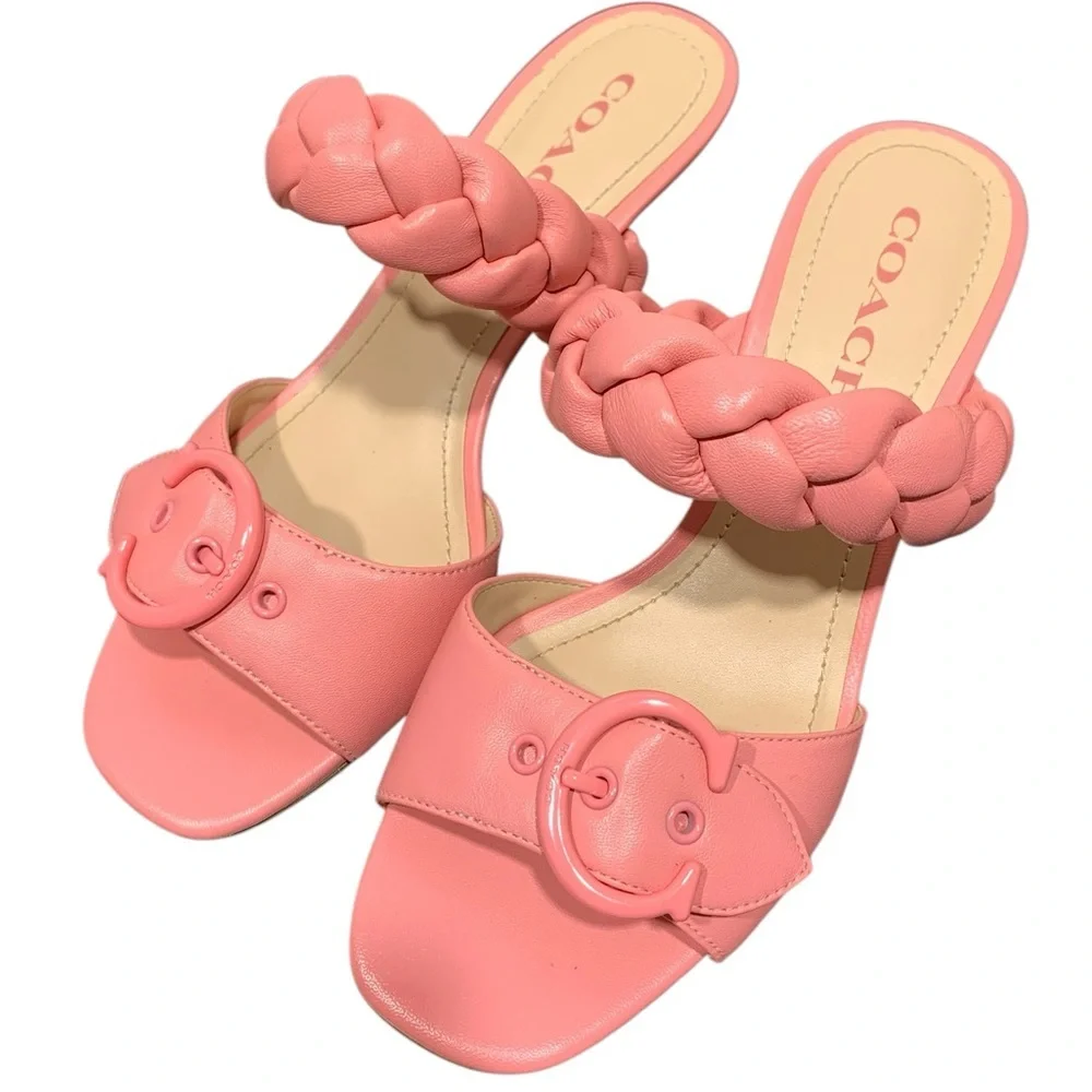 Coach Womens Mollie Pink Leather Slip On Open Toe Heel Sandals Shoes‎ SZ 7 - Picture 2 of 9